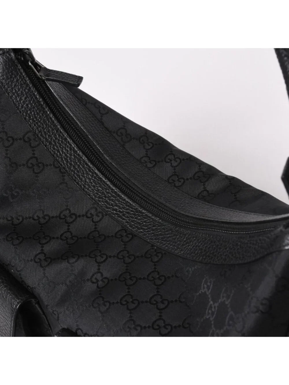 Gucci Hobo Handbag GG Canvas Leather Black Silver